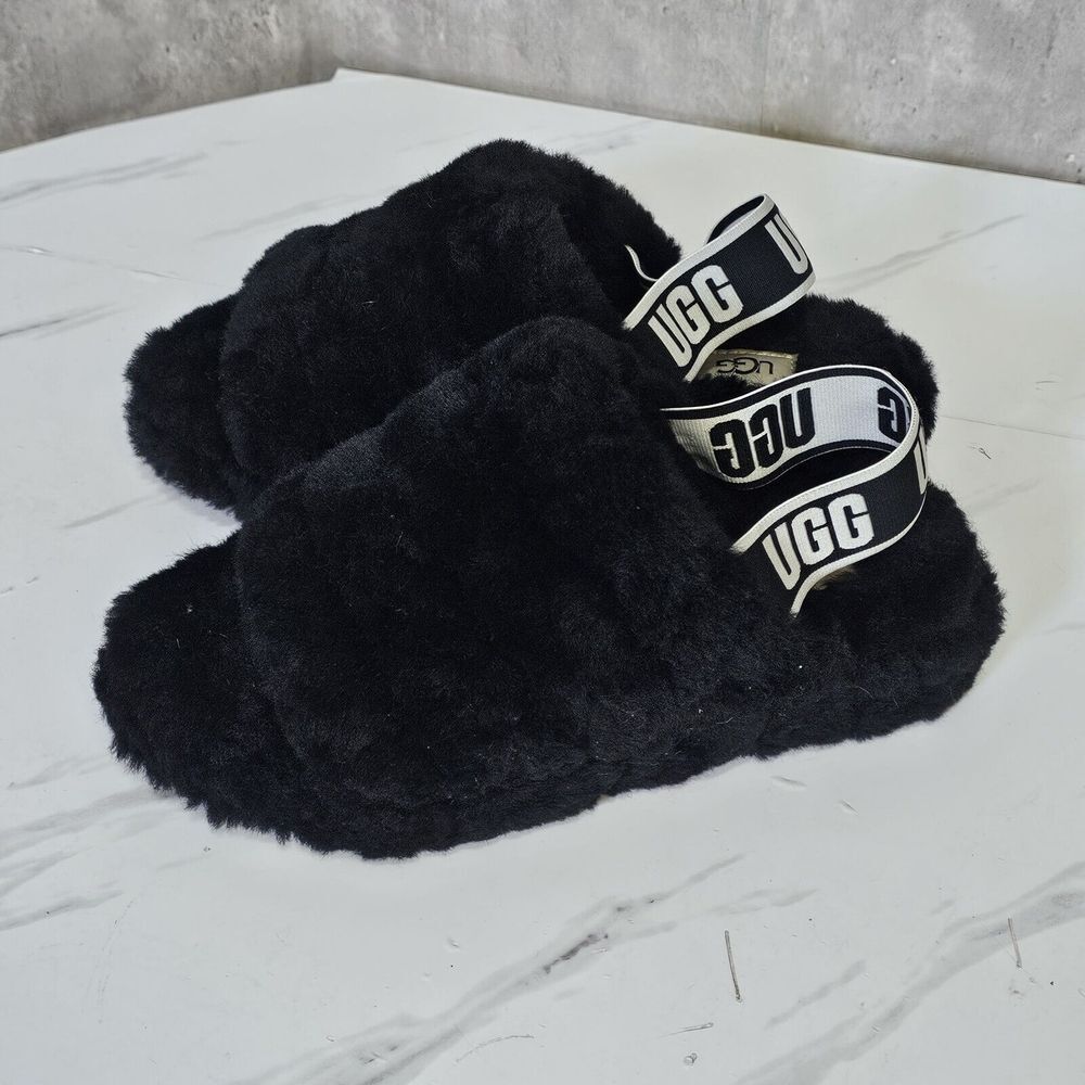 UGG Womens 6‎ Fluff Yeah Slide Black Slippers Sling Back Logo - Picture 3 of 11
